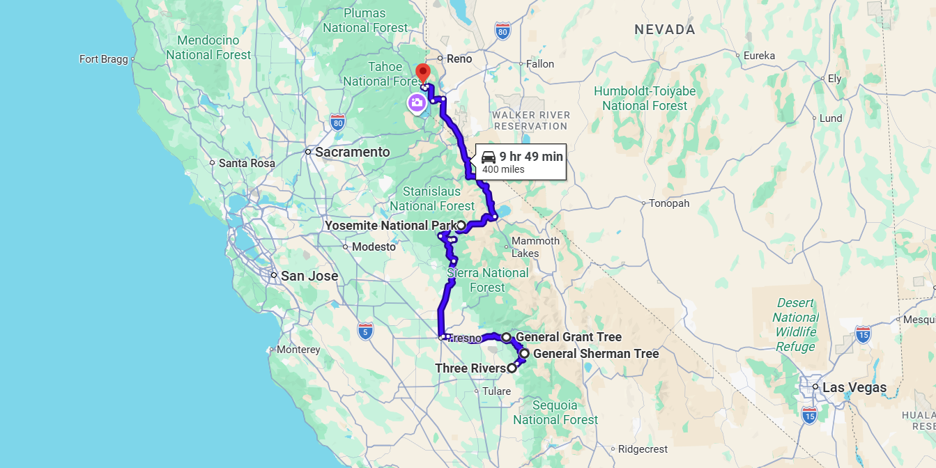 google map of trip to Tahoe National Forest